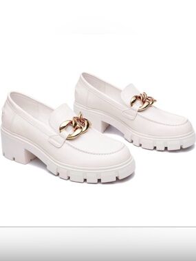 Athlefit White Lug Sole Loafers with Gold Chain Accent